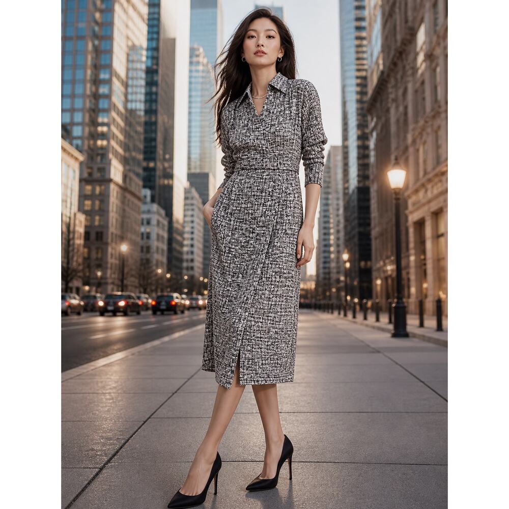 Banana Republic Silky Twill Wrap Midi Dress Small Black Plaid